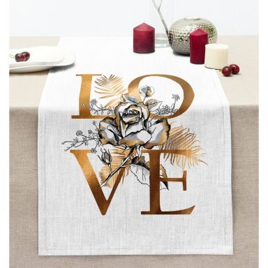 Altın Varaklı Love Tasarımlı Modern Dekoratif Dikişli Şönil Runner