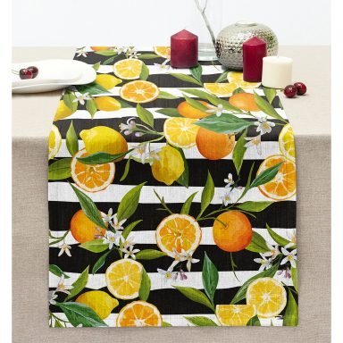 Çizgili Siyah Zeminli Limon Desenli Dekoratif Dikişli Şönil Runner