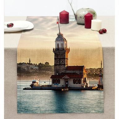 Kız Kulesi Dijital Baskılı Dekoratif Dikişli Şönil Runner
