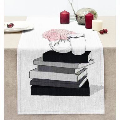 Gül Kitap ve Kahve Tasarımlı Dijital Baskılı Dikişli Şönil Runner