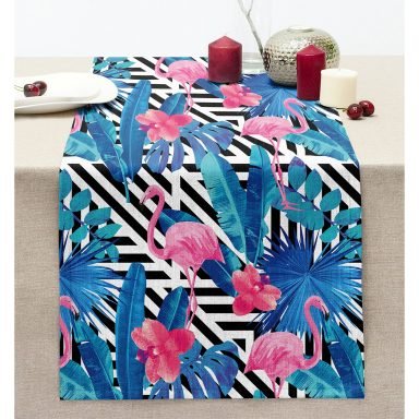 Geometrik Mavi Pembe Flamingo Tasarımlı Dijital Baskılı Dikişli Şönil Runner