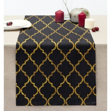 Gold Detaylı Ogea Desenli Dekoratif Modern Dikişli Şönil Runner