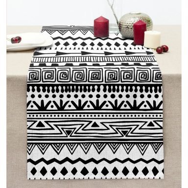 Siyah Beyaz Dekoratif African Motifli Modern Dikişli Şönil Runner