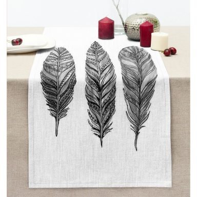 Karakalem Tüy Desenli Dijital Baskılı Modern Dikişli Şönil Runner