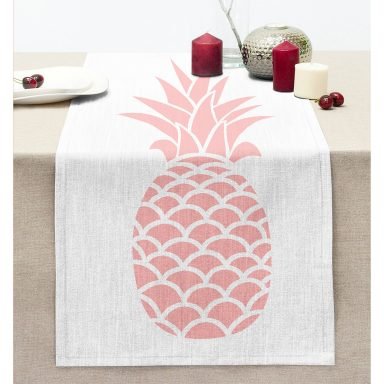 Beyaz Zeminde Pembe Ananas Tasarımlı Dijital Baskılı Dikişli Şönil Runner
