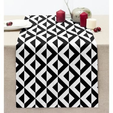 Siyah Beyaz Üçgen Geometrik Desenli Dijital Baskılı Dikişli Şönil Runner