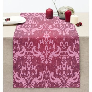 Fuşya Zeminli Damask Motifler Modern Dikişli Şönil Runner
