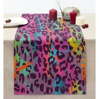 Renkli Leopar Desenli Dijital Baskılı Modern Dikişli Şönil Runner