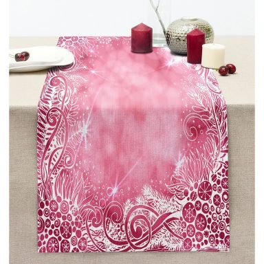 Pembe Zeminli Dijital Baskılı Modern Dikişli Şönil Runner