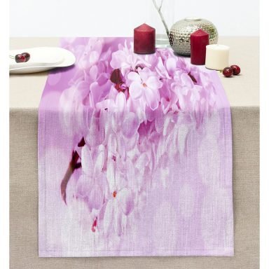 Beyaz Zeminde Pembe Çiçekler Dijital Baskılı Modern Dikişli Şönil Runner