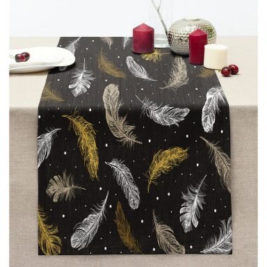 Siyah Zeminde Gold tüyler Dijital Baskılı Modern Dikişli Şönil Runner