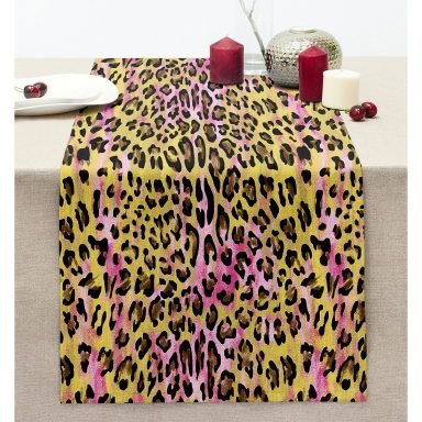 Leopar Motifli Dijital Baskılı Dikişli Şönil Runner