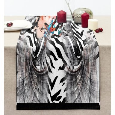 Zebra Desen Zeminde Çiçek Motifli Özel Tasarım Dijital Baskılı Modern Dikişli Şönil Runner