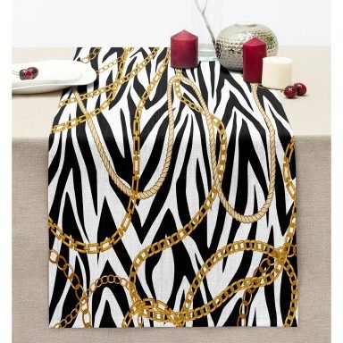 Zebra Zeminde Zincir Desen Özel Tasarım Dijital Baskılı Modern Dikişli Şönil Runner