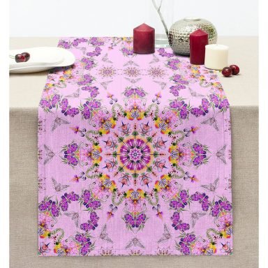 Pembe Zeminde Damask Desenli Özel Tasarım Dijital Baskılı Modern Dikişli Şönil Runner