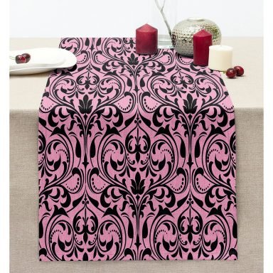 Pembe Zeminde Siyah Motifler Dijital Baskılı Modern Dikişli Şönil Runner