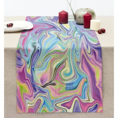 Ebru Desenli Dijital Baskılı Modern Dikişli Şönil Runner