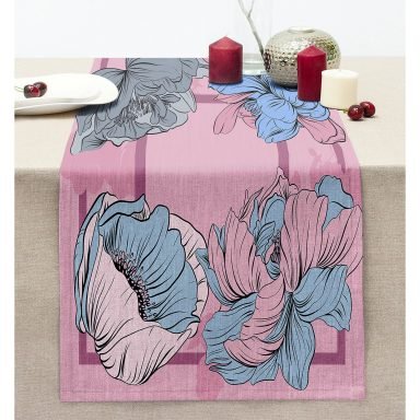 Pembe Zeminde Mavi Zambak Motifli Dijital Baskılı Modern Dikişli Şönil Runner