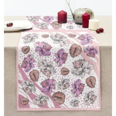 Pembe Puanlı Zeminde Çiçekli Özel Tasarım Dijital Baskılı Modern Dikişli Şönil Runner