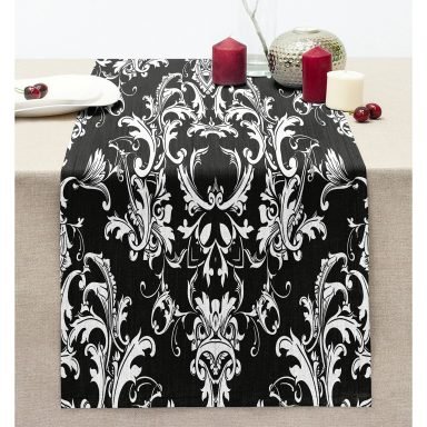 Siyah Zeminde Damask Özel Tasarım Dijital Baskılı Modern Dikişli Şönil Runner
