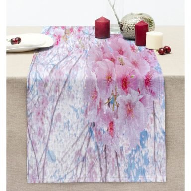 Pembe Çiçek Motifli Özel Tasarım Dijital Baskılı Modern Dikişli Şönil Runner