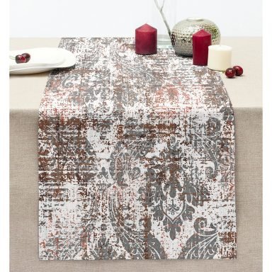 Soyut Damask Motifli Özel Tasarım Dijital Baskılı Modern Dikişli Şönil Runner