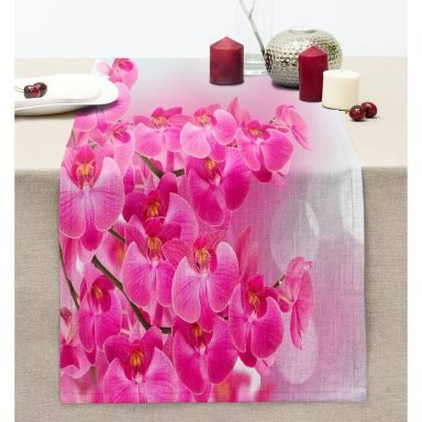 Pembe Orkide Motifli Dijital Baskılı Modern Dikişli Şönil Runner
