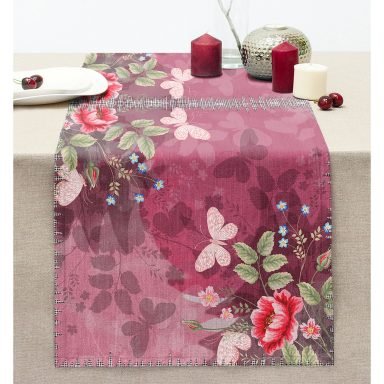 Pembe Zeminde Kelebek Desenli Dijital Baskılı Modern Dikişli Şönil Runner