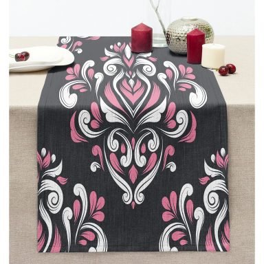 Gri Zeminde Pembe Beyaz Damask Desenli Özel Tasarım Dijital Baskılı Modern Dikişli Şönil Runner