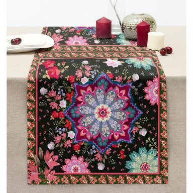 Çiçek Ve Etnik Desenli Özel Tasarım Dijital Baskılı Modern Dikişli Şönil Runner
