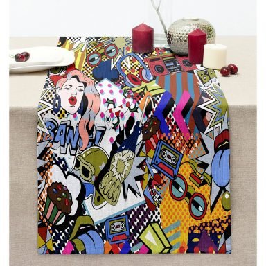 Popart Desenli Özel Tasarım Dijital Baskılı Modern Dikişli Şönil Runner