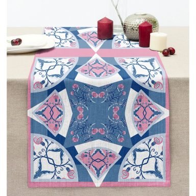 Çiçek Ve Geometrik Desenli Özel Tasarım Dijital Baskılı Modern Dikişli Şönil Runner