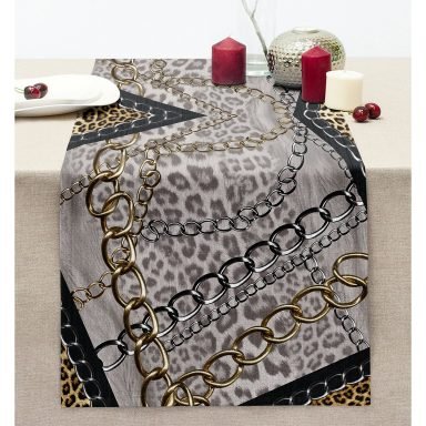 Leopar Desenli Zeminde Zincir Motifli Özel Tasarım Dijital Baskılı Modern Dikişli Şönil Runner