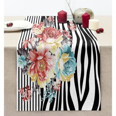 Zebra Zeminde Çiçek Motifli Özel Tasarım Dijital Baskılı Modern Dikişli Şönil Runner