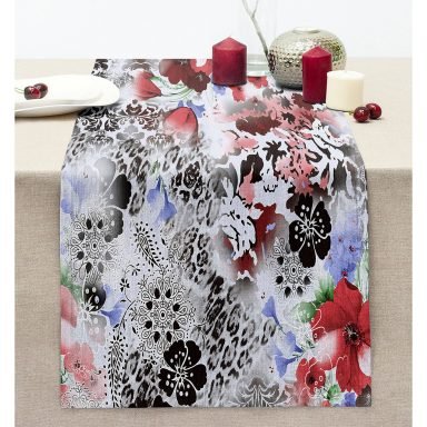 Leopar Ve Damask Zeminde Çiçek Desenli Tasarım Dijital Baskılı Modern Dikişli Şönil Runner