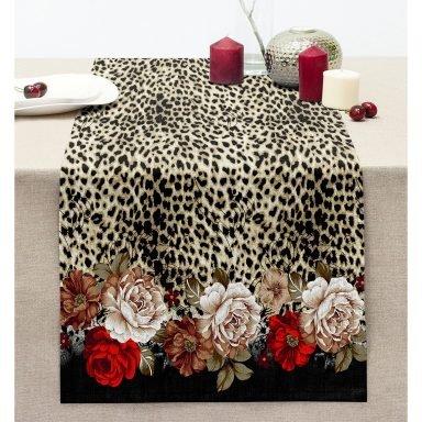 Leopar Desenli Özel Tasarım Dijital Baskılı Modern Dikişli Şönil Runner