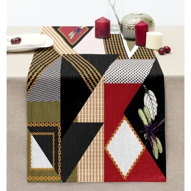 Geometrik Desenli Özel Tasarım Dijital Baskılı Modern Dikişli Şönil Runner