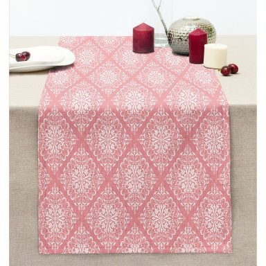 Pembe Damask Dijital Baskılı Dekoratif Dikişli Şönil Runner