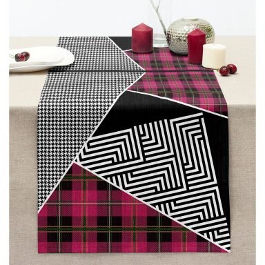 Ekose Geometrik Ve Kazayağı Desenli Özel Tasarım Dijital Baskılı Modern Dikişli Şönil Runner