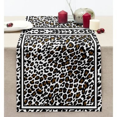 Leopar Desenli Özel Tasarım Dijital Baskılı Modern Dikişli Şönil Runner