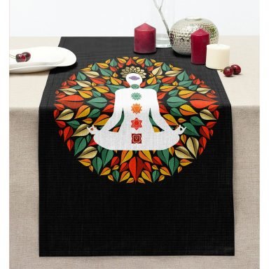 Uzak Doğu Yoga Motifleri Mandala Özel Tasarım Dijital Baskılı Dikişli Şönil Runner