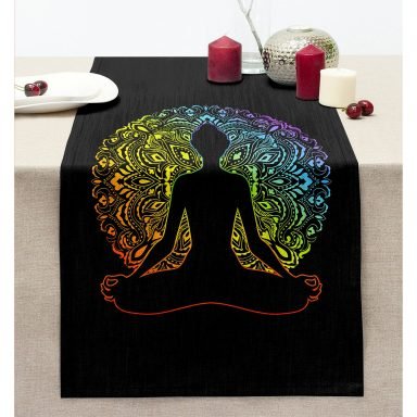 Siyah Zeminde Gökkuşağı Motifli Uzak Doğu Yoga Desenli Dikişli Şönil Runner