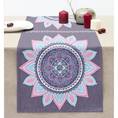 Gri Zeminde Mandala Dijital Baskılı Modern Dikişli Şönil Runner
