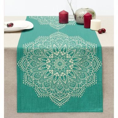 Turkuaz Zeminde Mandala Dijital Baskılı Modern Dikişli Şönil Runner