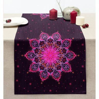 Siyah Zeminde Pembe Neon Mandala Desenli Dekoratif Dikişli Şönil Runner