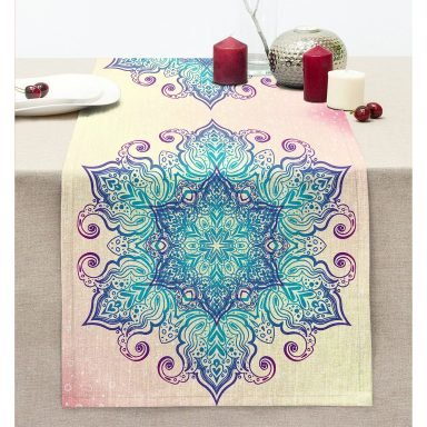 Pembe Zeminde Mavi Mandala Çizimli Modern Dikişli Şönil Runner