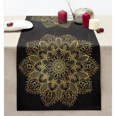 Siyah Zeminde Gold Mandala Motifli Dikişli Şönil Runner