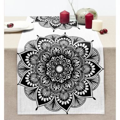 Beyaz Zeminde Çiçek Mandala Desenli Dikişli Şönil Runner