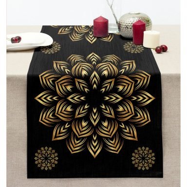 Siyah Zeminde Gold Mandala Motifli Dikişli Şönil Runner