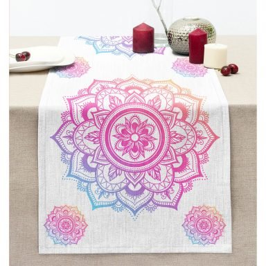 Beyaz Zeminde Pembe Mavi Mandala Desenli Özel Tasarım Dikişli Şönil Runner